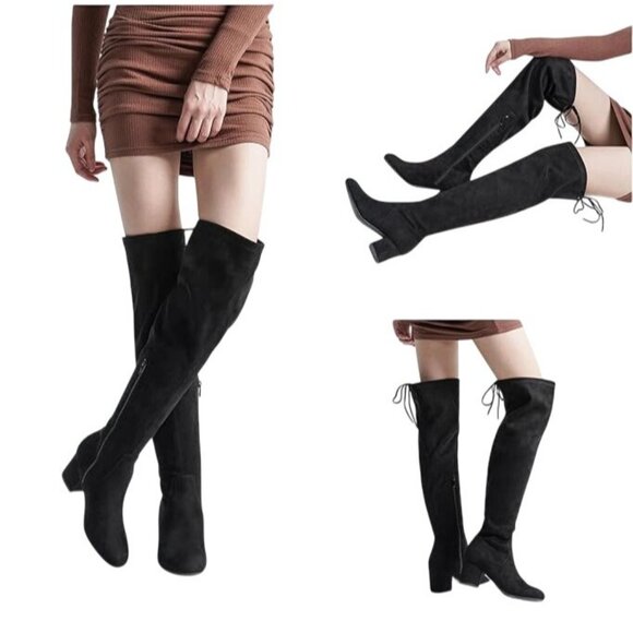UNIS. Black Faux Suede Over-The-Knee Boots With Block Heel  Side Zipper Size 7.5 - Picture 1 of 13